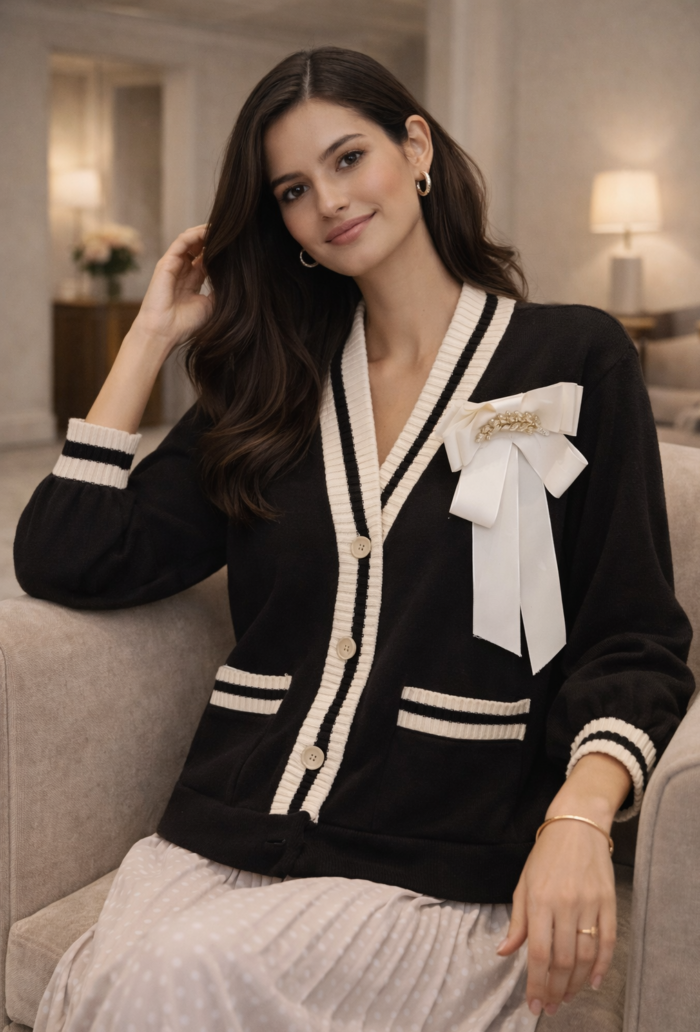 30 Black Cardigan with Bow Brooch - الصورة 1