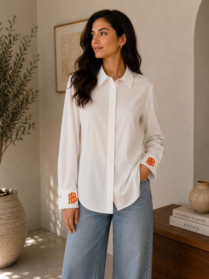 popelin white shirt with B orange  LOGO on the sleeves - Image 1