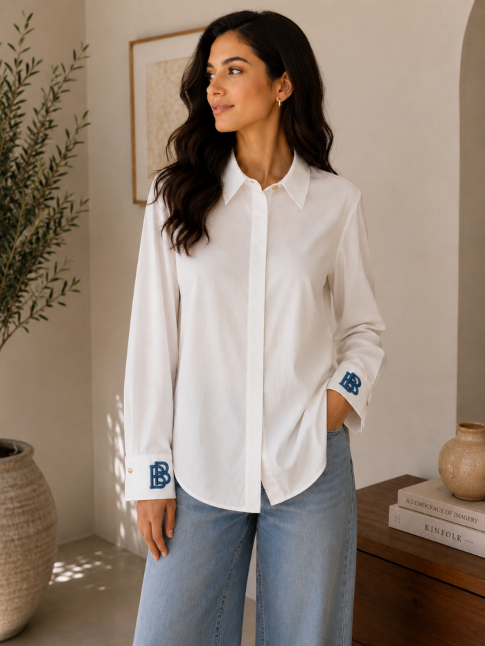 popelin white shirt with B blue LOGO on the sleeves - Image 1
