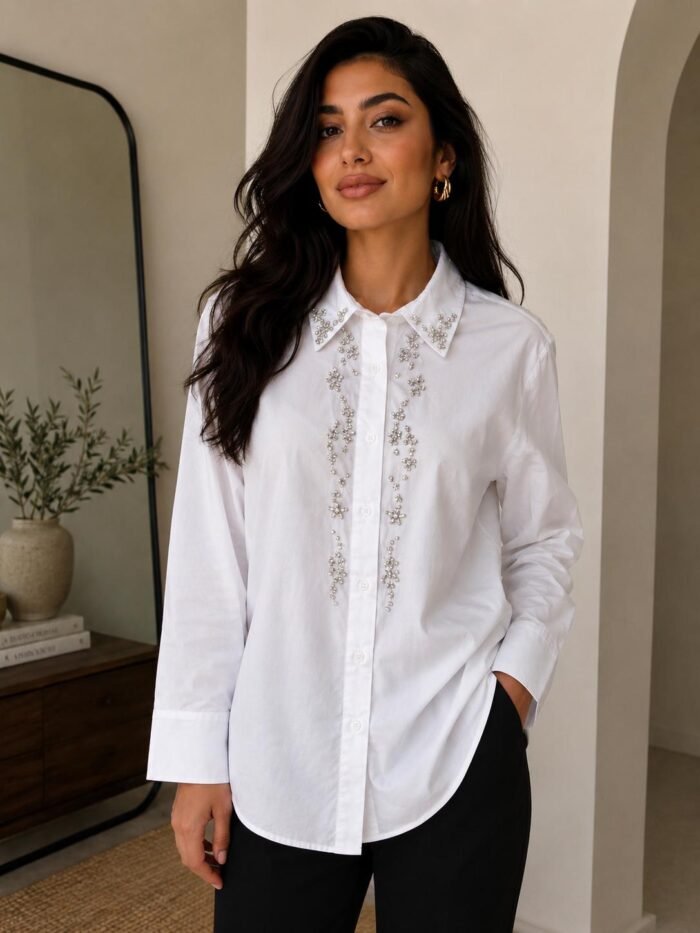 White Popelin Shirt with Strass Details - Image 1