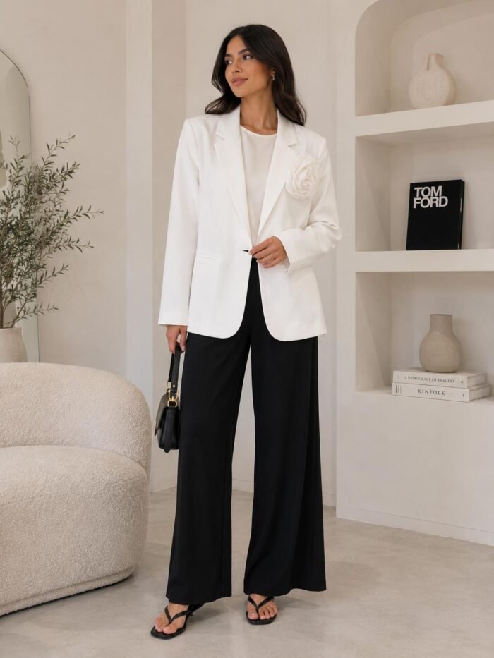 White Tailored Blazer with Floral Brooch - Image 1